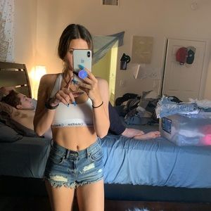 high waisted medium wash shorts